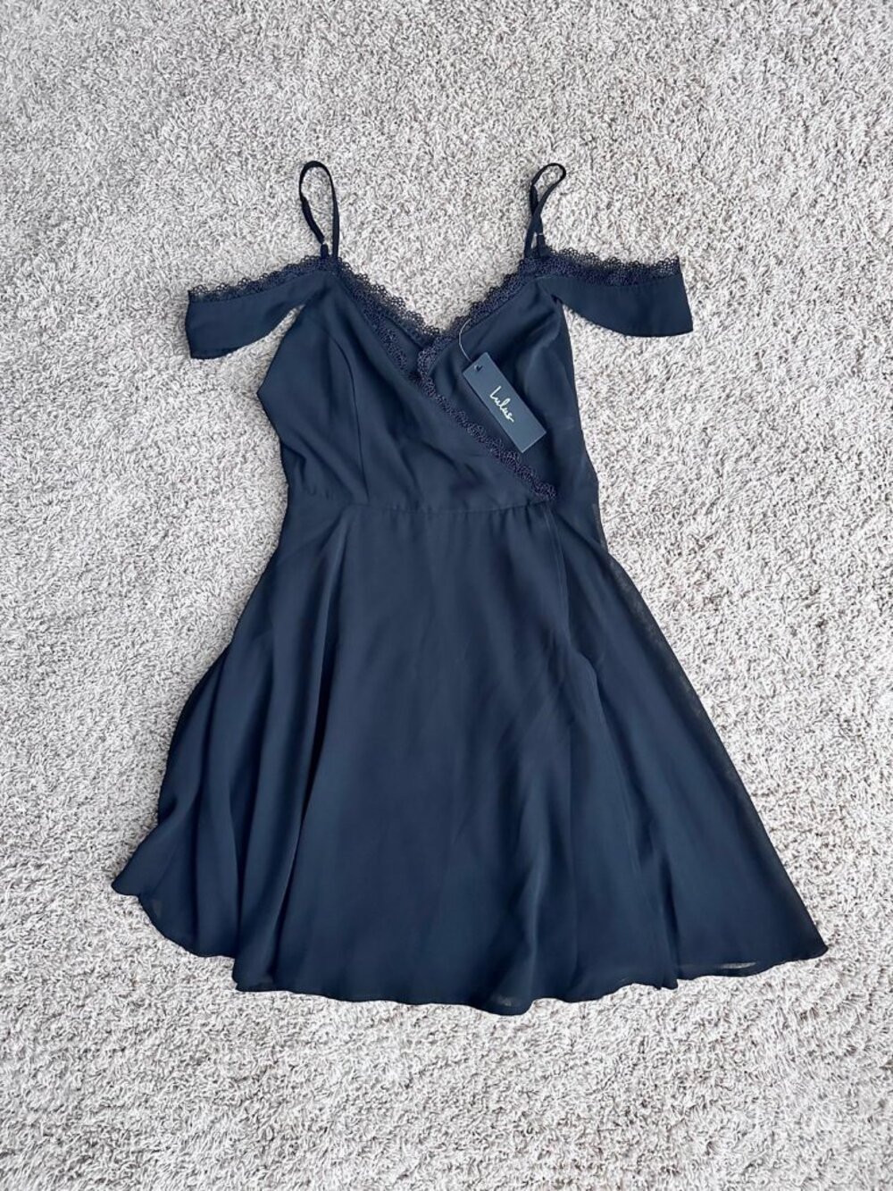 Lulus Black Flare Dress with Lace Detail